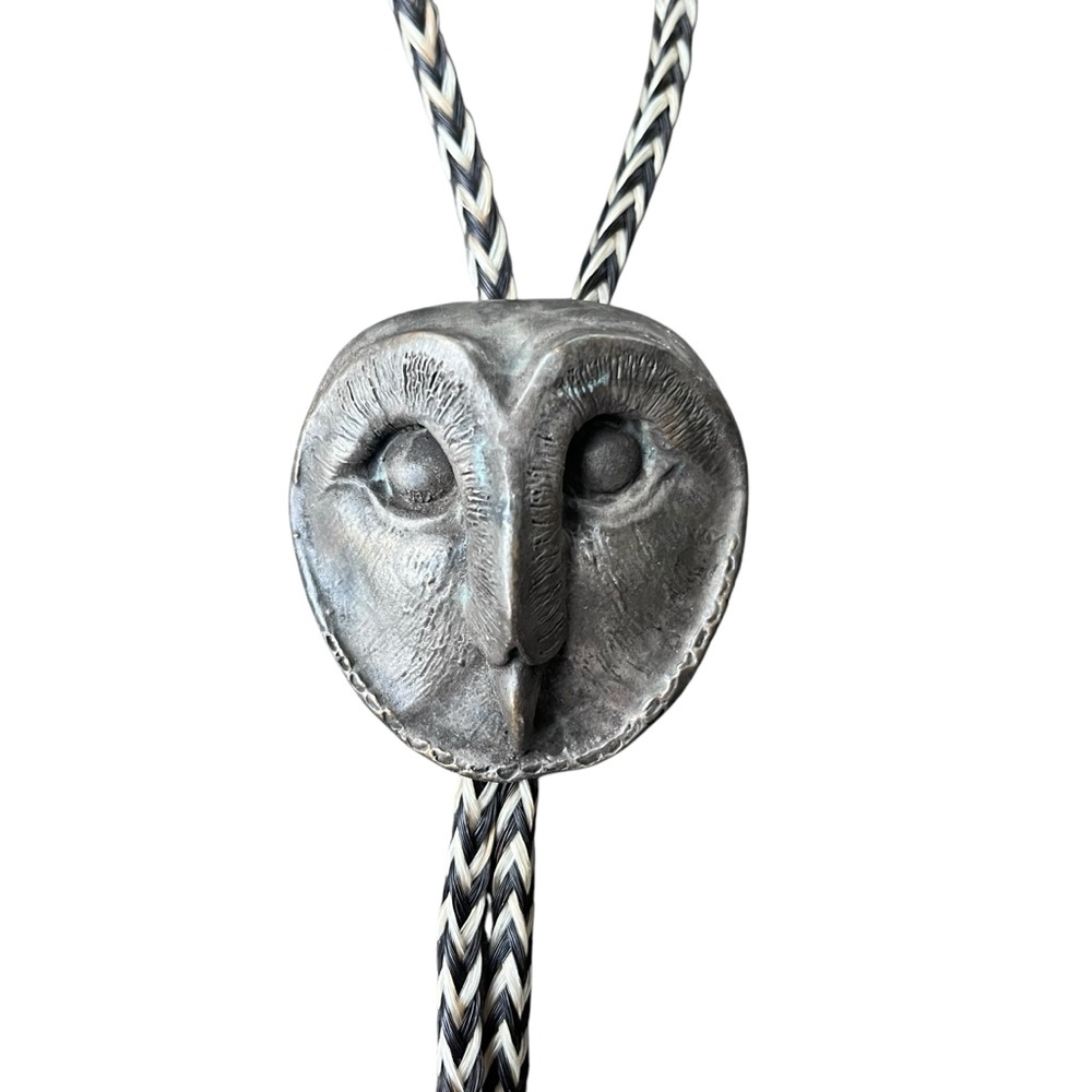 Kestrel Wildlife Sculpture Bolo Tie – Pewter Barn Owl Mask – Collectible Western